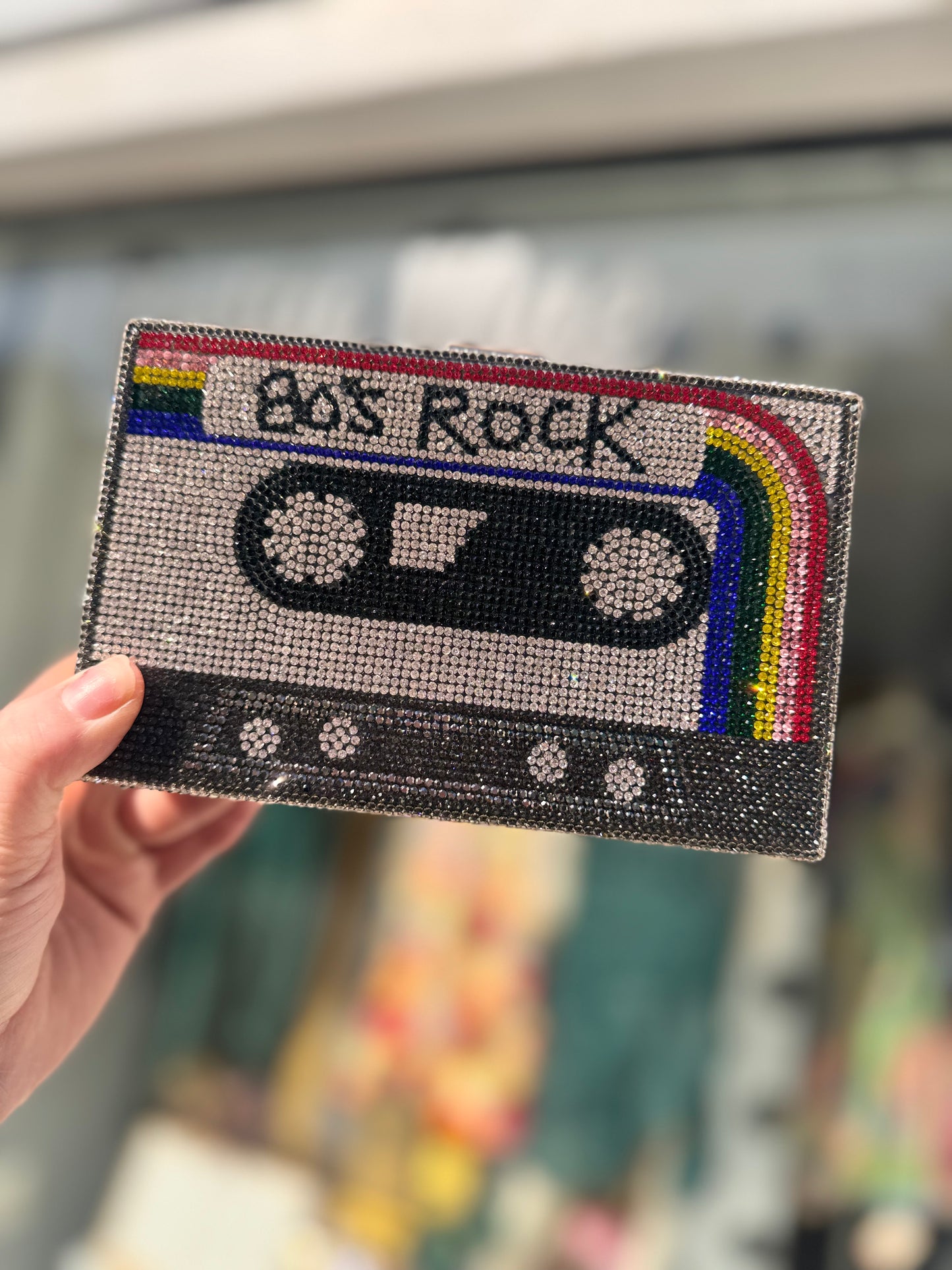 DMB Black 80’s Rock Diamanté Cassette Clutch Bag