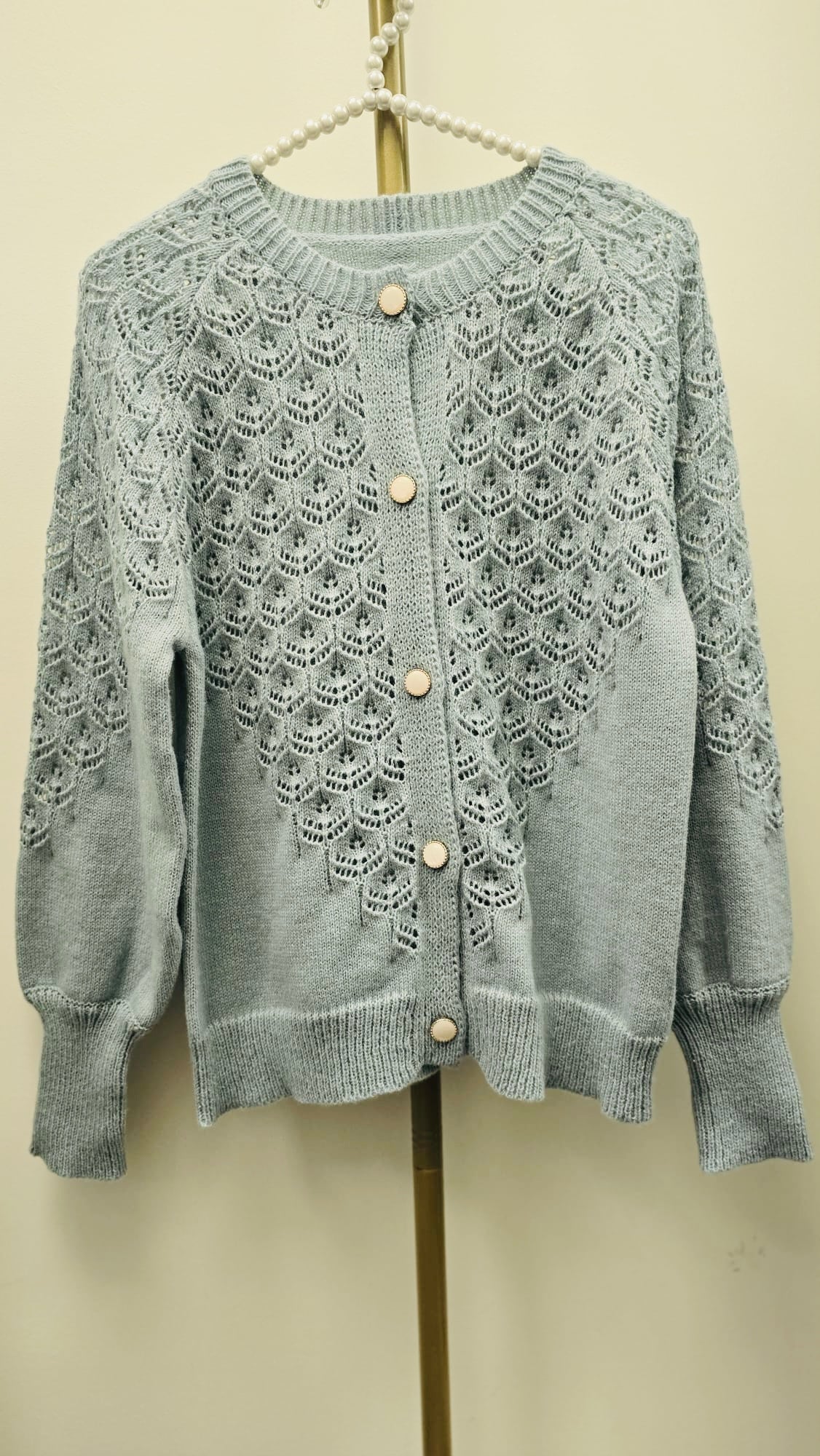 DMB Pale Blue Crochet Stylet Cardigan with Pearlised Buttons