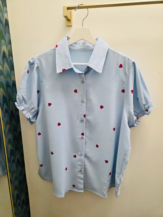 DMB Blue Red Heart Shirt Short Sleeve Blouse
