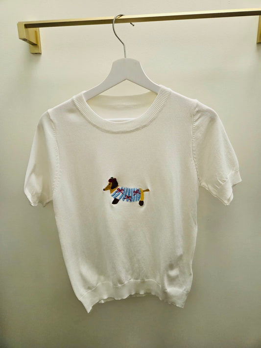 DMB White Sausage Dog Short Sleeve Knit