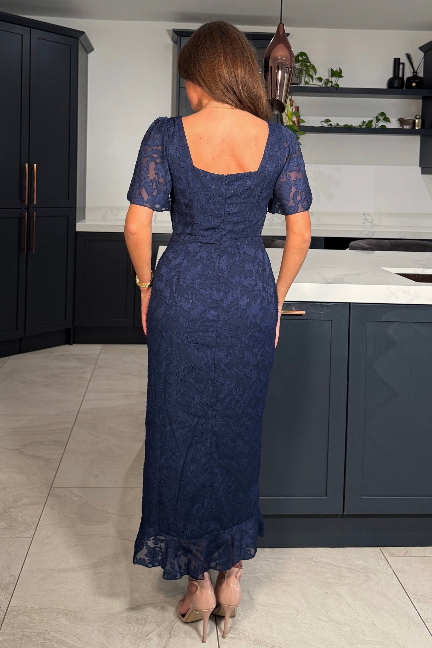 GIM Heidi Navy Floral Burnout Ruched Midi Dress