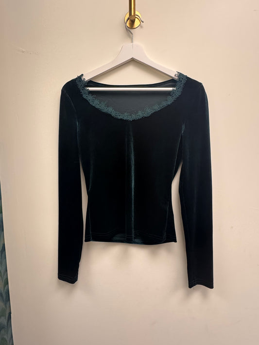 DMB Dark Green Velvet Lace Trim top