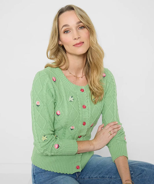 Joe Browns Penny Embroidered Floral Cable Knit Cardigan Green