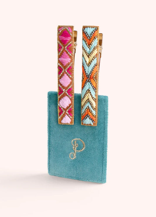 POWDER EMBELLISHED HAIR BARS - FUCHSIA/SUMMER DECO