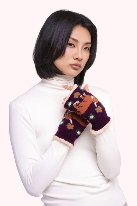 Powder Highland Cow Wrist Warmers, Damson