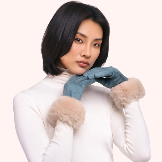 Powder Bettina Faux Suede/Fur Gloves, Denim