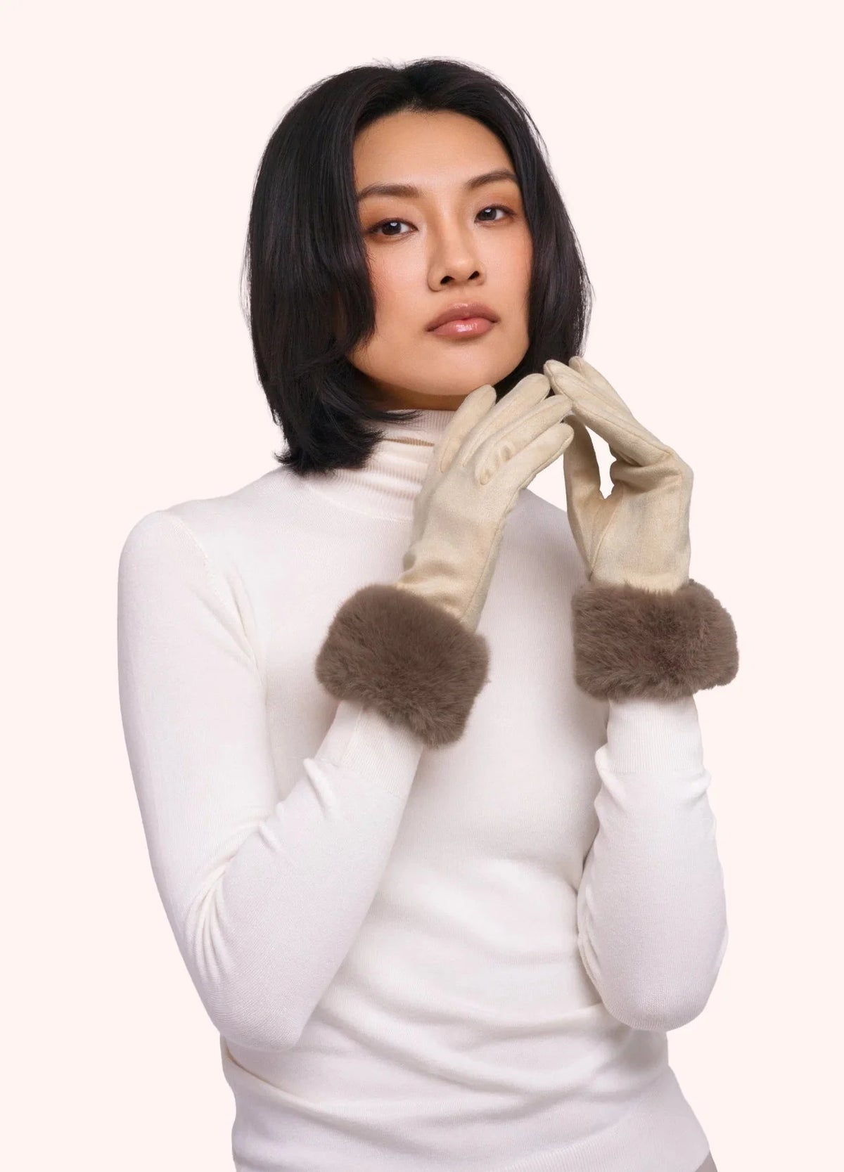 Powder Bettina Faux Suede/Fur Gloves, Cream