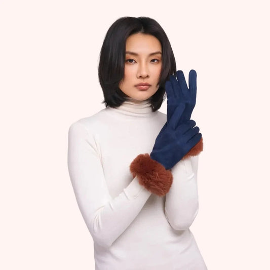 Powder Bettina Faux Suede/Fur Gloves, Navy