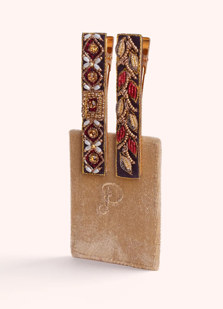 Powder Embellished Hair Bars - Diamond Flower and Leaves