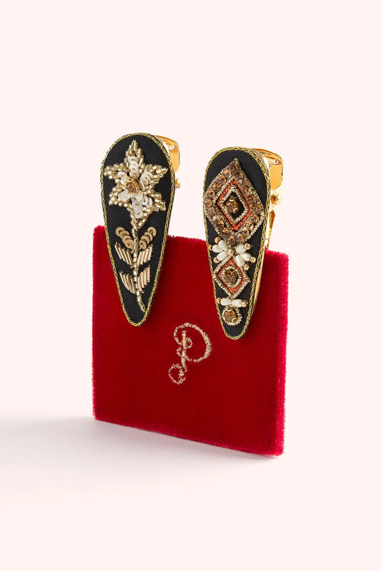 Powder Hairclips Midnight Floral Deco Red