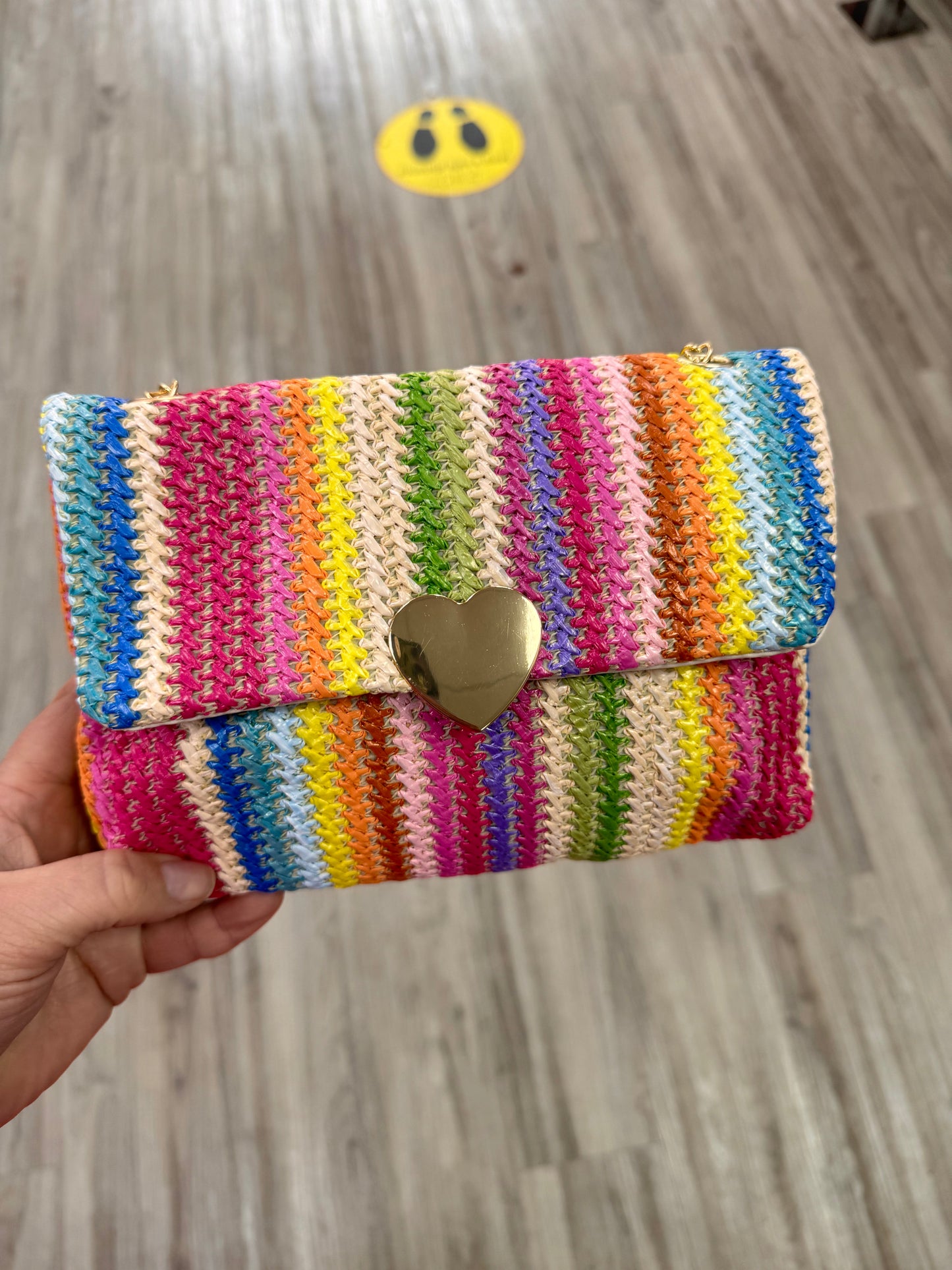 DMB Rainbow Heart Raffia Cross Body Clutch Bag