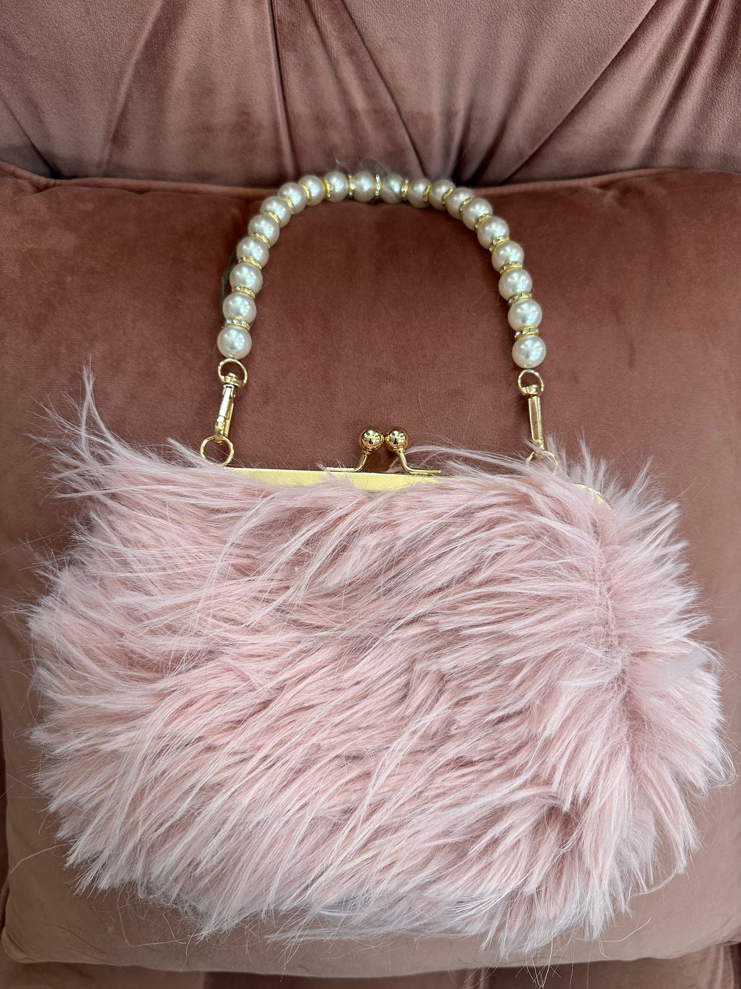 DMB Fluffy Pearl Handle Clutch Bag Blush