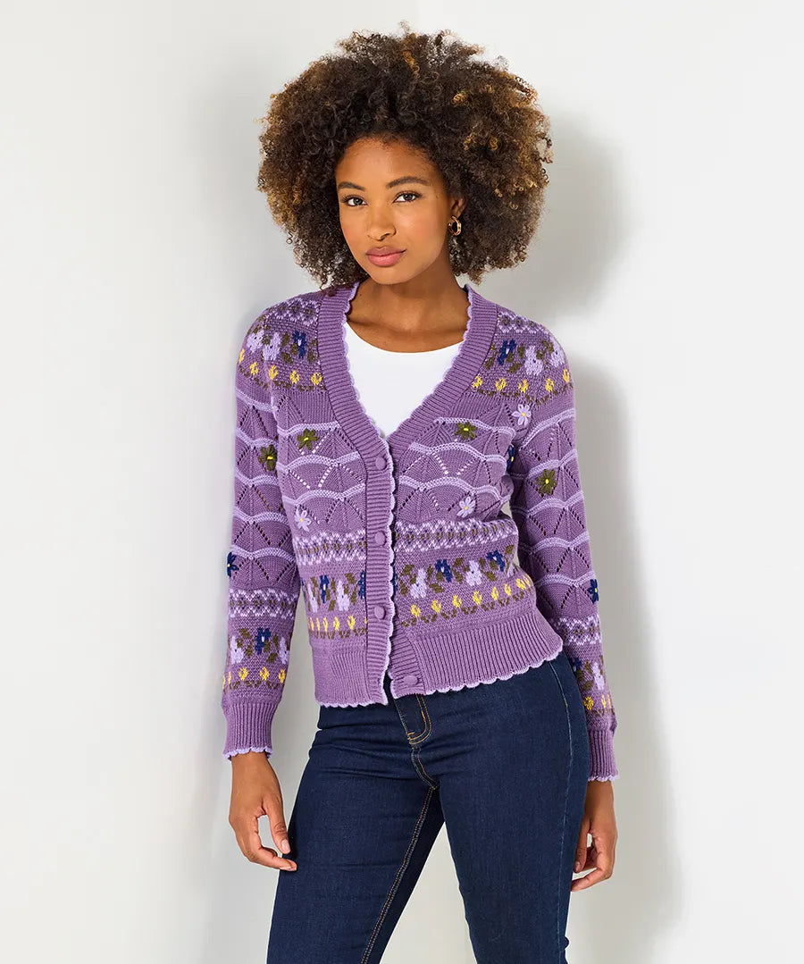Joe Browns Lilac Lily Pointelle Knit Embroidered Cardigan