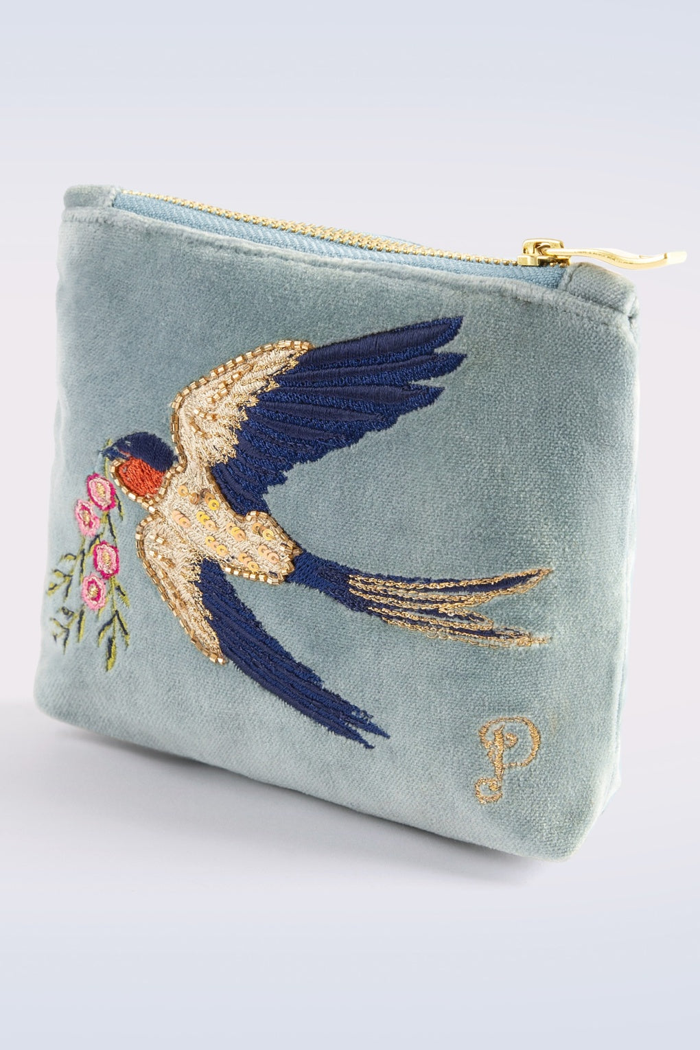 Powder VELVET ZIP POUCH - EMBROIDERED VELVET MINI POUCH - SWOOPING SWALLOW