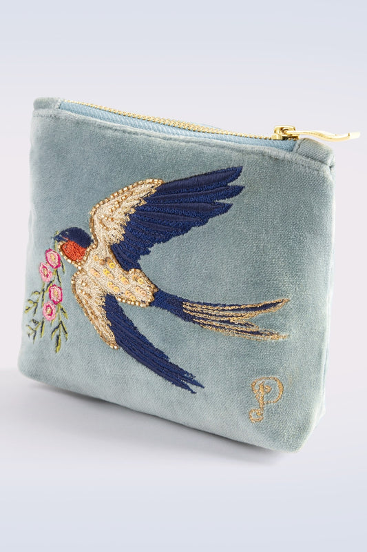 Powder VELVET ZIP POUCH - EMBROIDERED VELVET MINI POUCH - SWOOPING SWALLOW