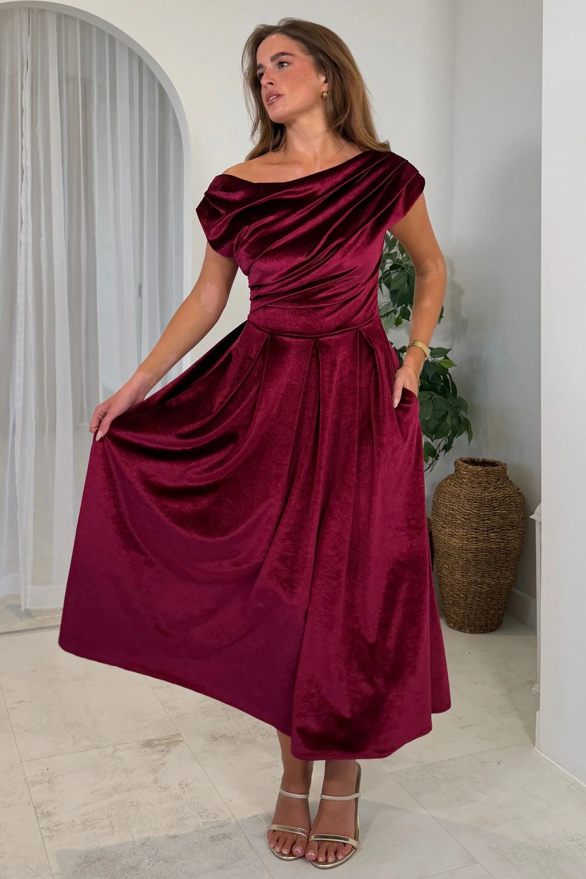 GIM Betty Asymmetric Neckline Skater Berry Velvet