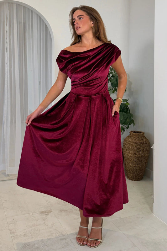 GIM Betty Asymmetric Neckline Skater Berry Velvet