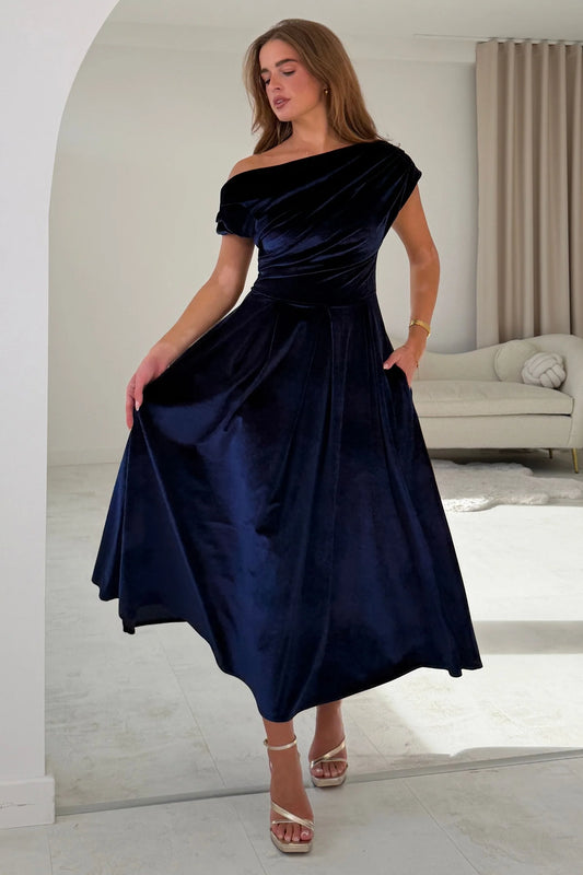 GIM Betty Asymmetric Neckline Skater Indigo Velvet