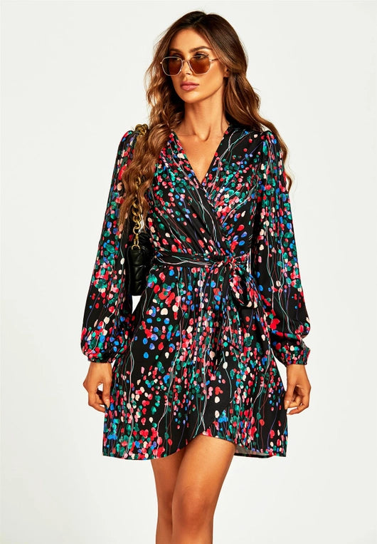 FS Collection Abstract Floral Print Wrap Mini Dress