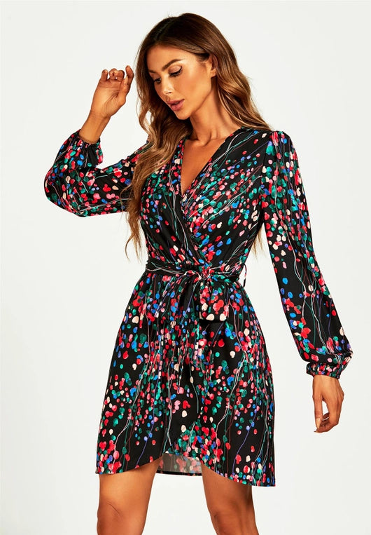 FS Collection Abstract Floral Print Wrap Mini Dress