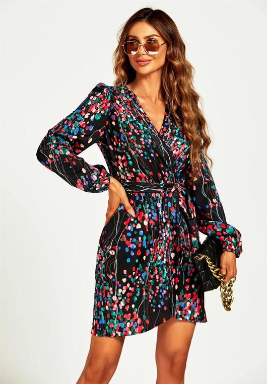 FS Collection Abstract Floral Print Wrap Mini Dress