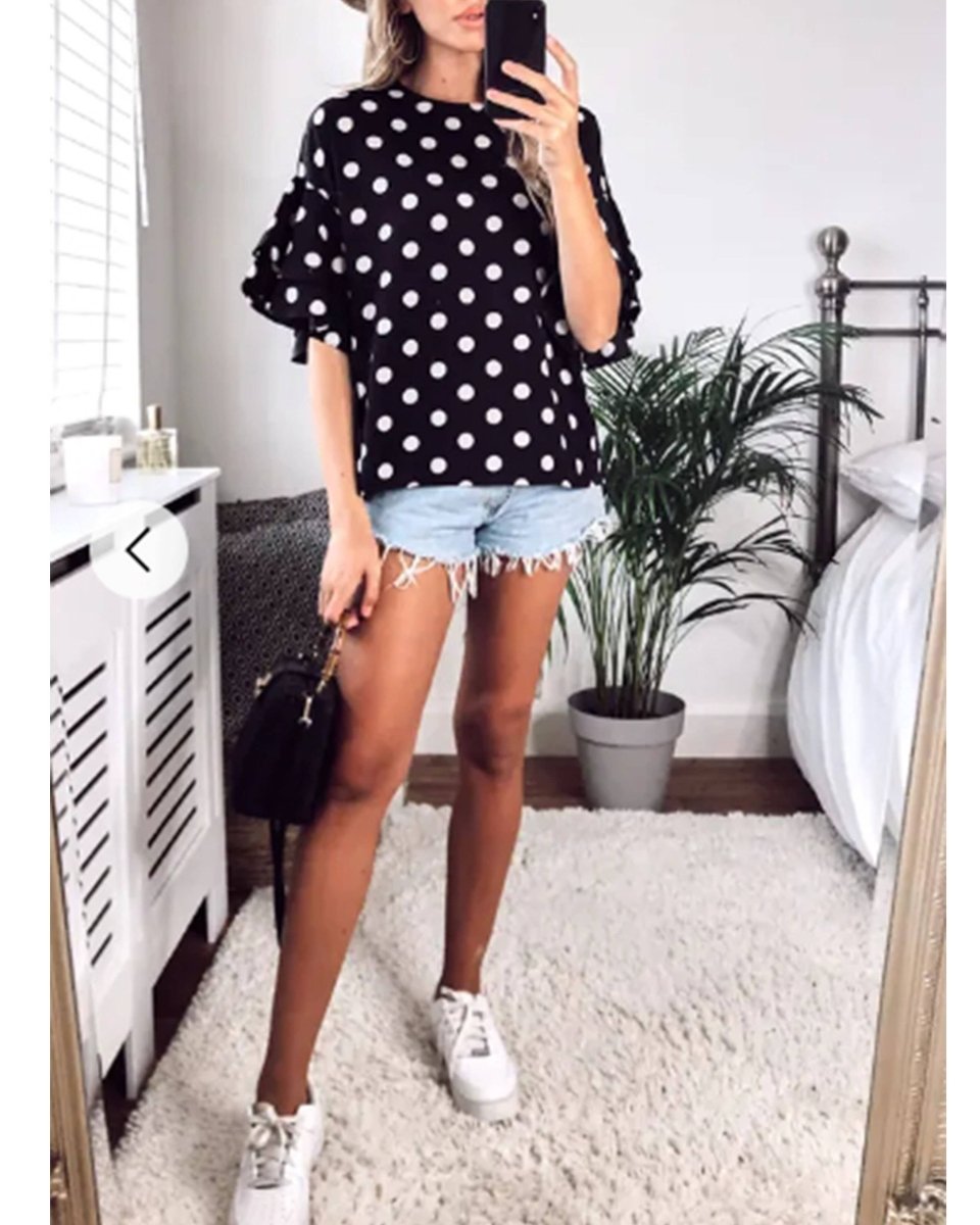 DMB Black Polka Dot Print Frilled sleeves Top - Daisy Mae Boutique