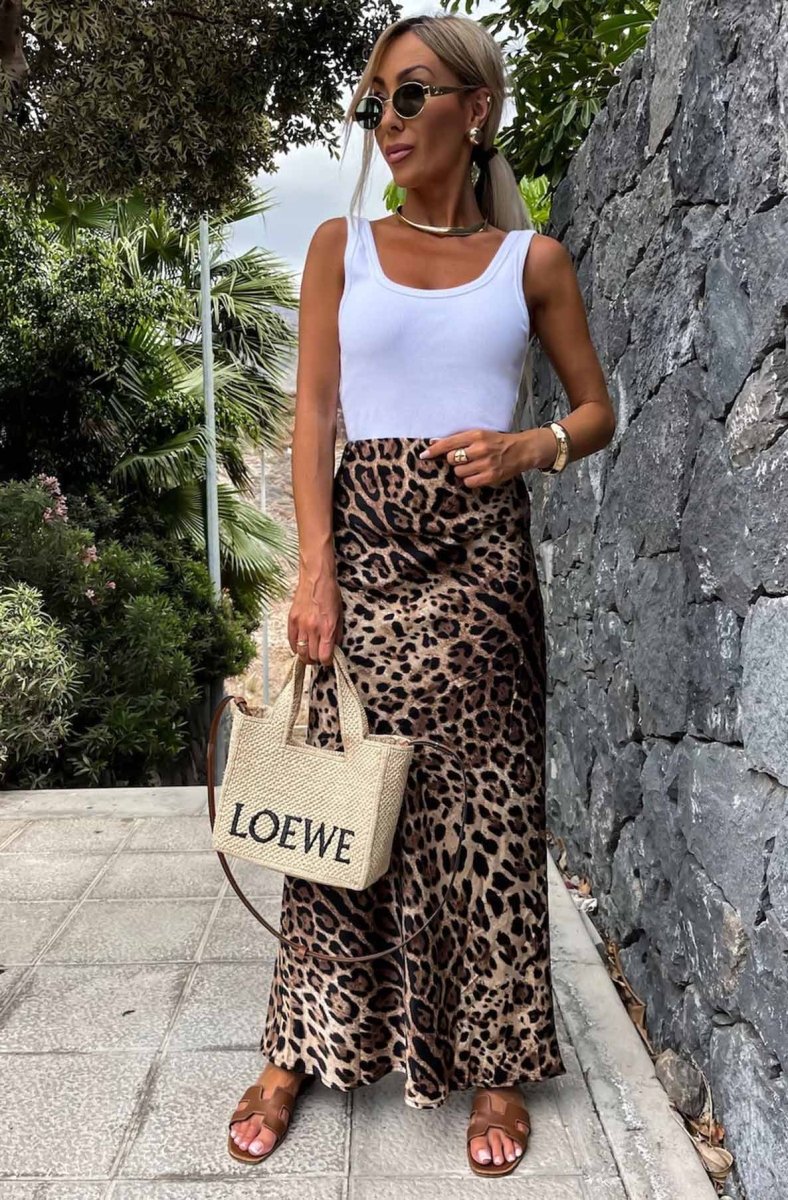 DMB Riva Satin Animal Print Maxi Skirt - Brown - Daisy Mae Boutique