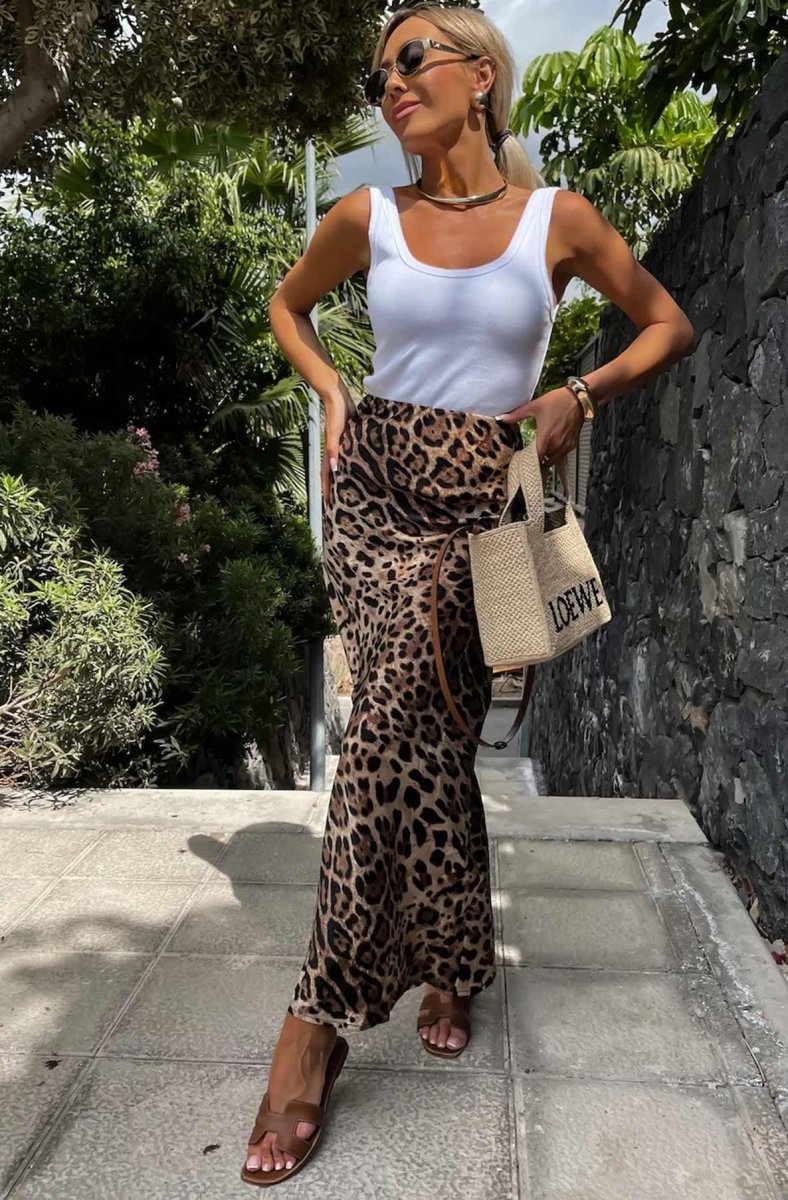 DMB Riva Satin Animal Print Maxi Skirt - Brown - Daisy Mae Boutique