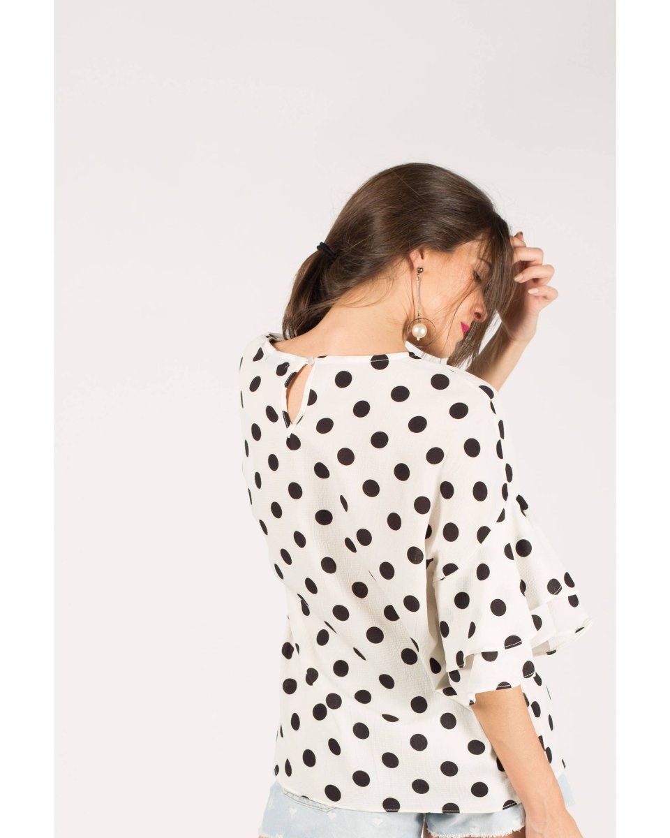 DMB White Polka Dot Print Frilled sleeves Top - Daisy Mae Boutique