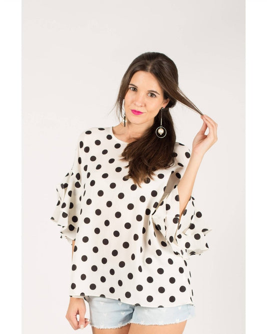 DMB White Polka Dot Print Frilled sleeves Top - Daisy Mae Boutique