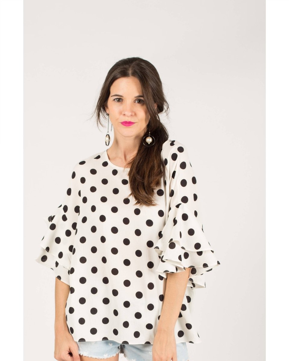 DMB White Polka Dot Print Frilled sleeves Top - Daisy Mae Boutique