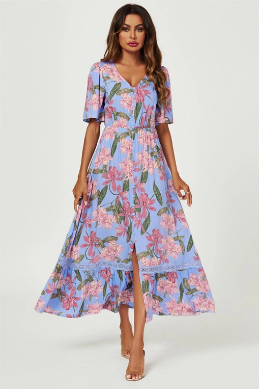 FS Collection Floral Print Lace Detail Maxi Dress