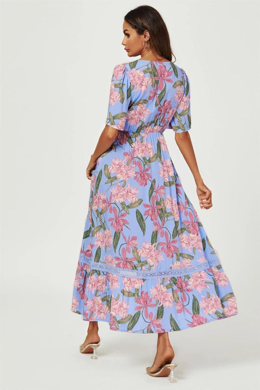 FS Collection Floral Print Lace Detail Maxi Dress