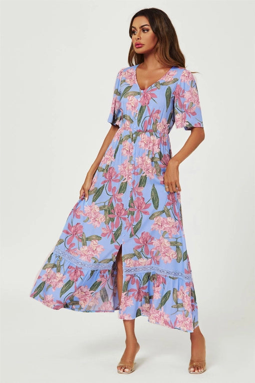 FS Collection Floral Print Lace Detail Maxi Dress