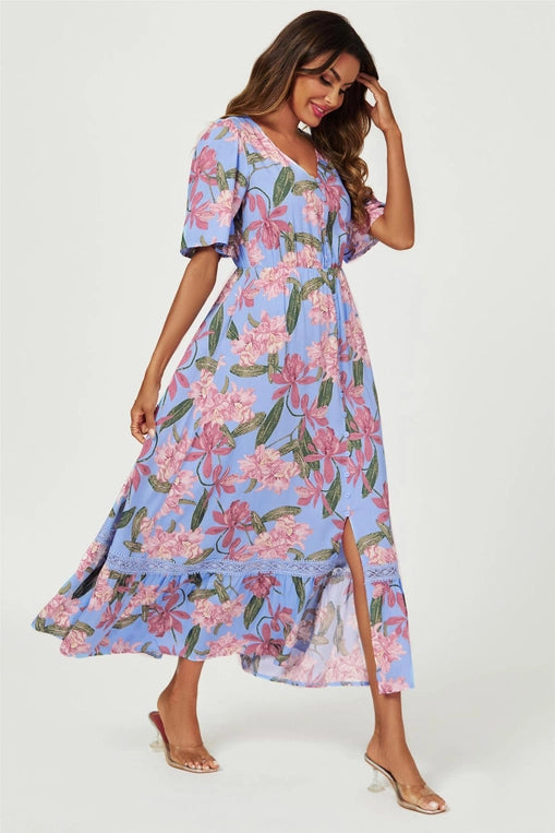 FS Collection Floral Print Lace Detail Maxi Dress