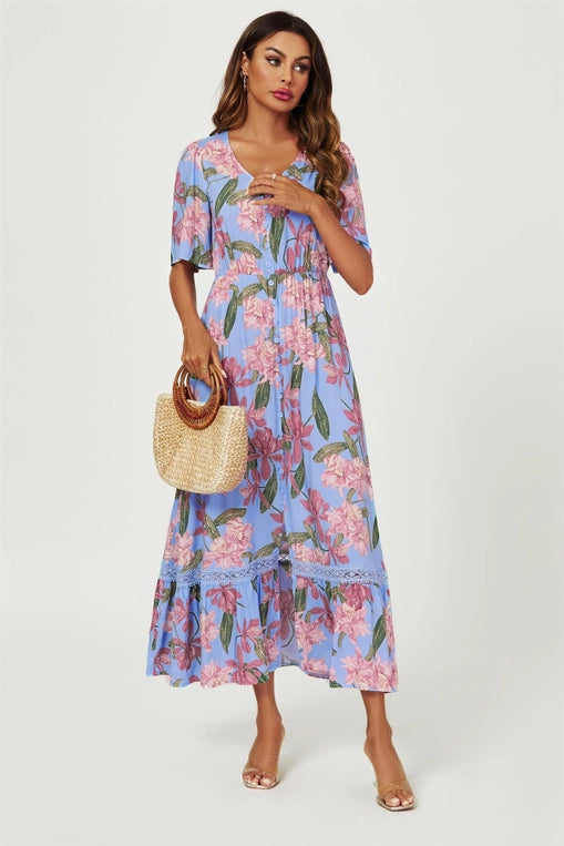 FS Collection Floral Print Lace Detail Maxi Dress