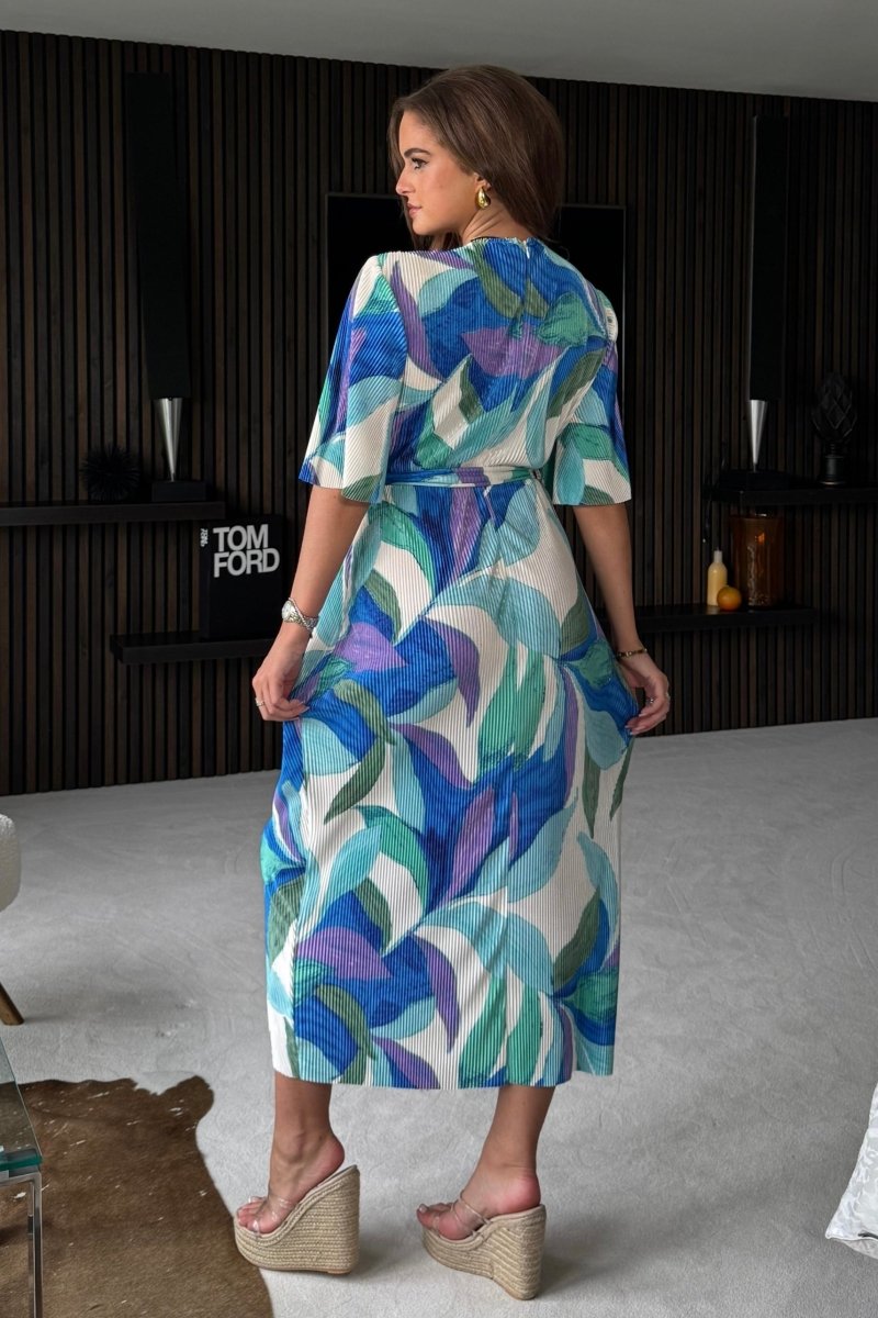 GIM Eleanor Blue Multi Plisse Wrap Midi Dress - Daisy Mae Boutique