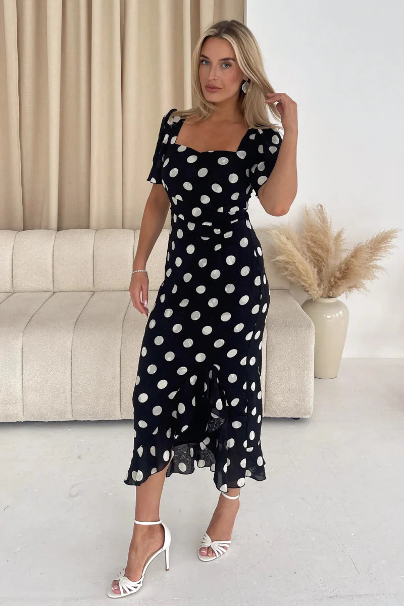 GIM Heidi Spot Burnout Ruched Midi Dress - Daisy Mae Boutique