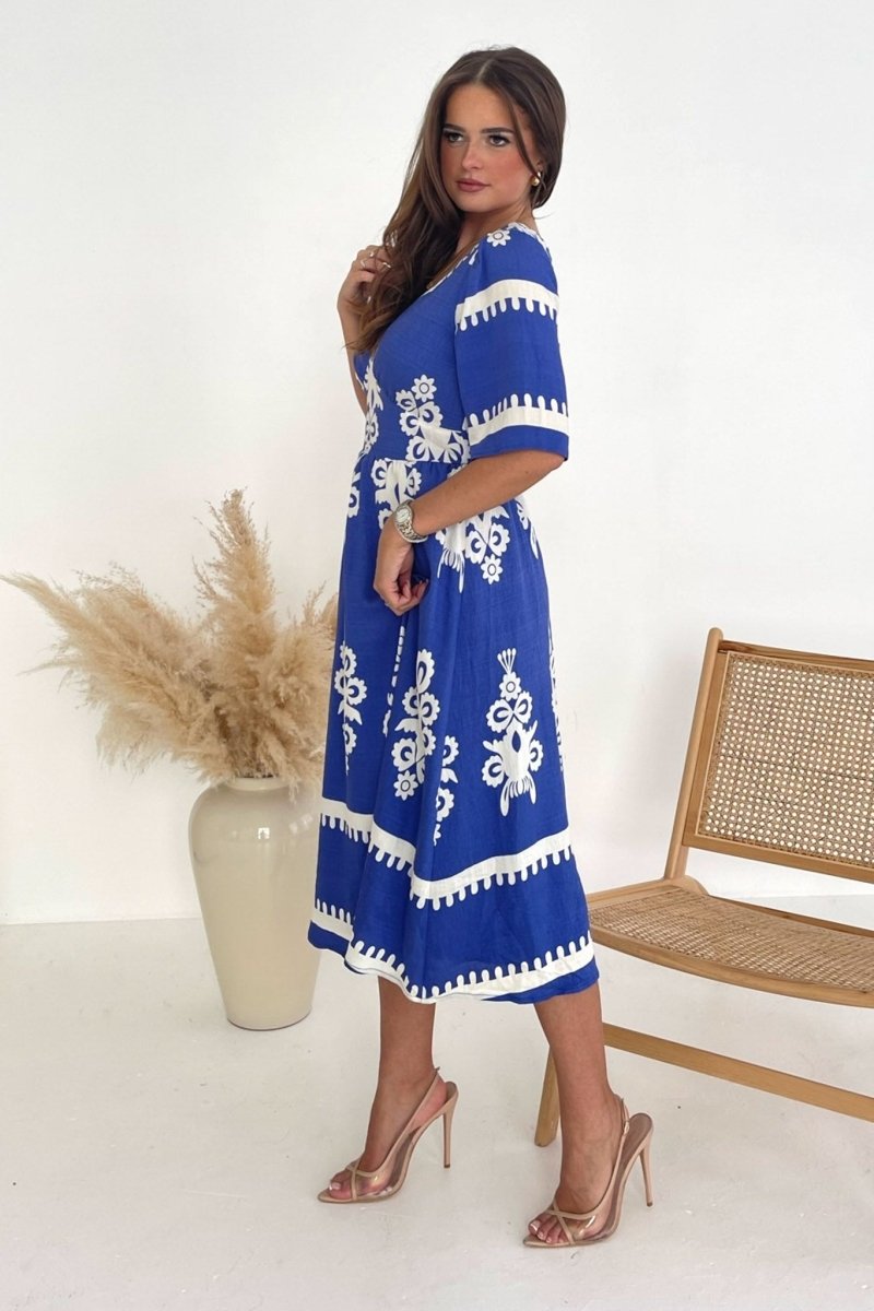 GIM Suzanne Cobalt Border Midi Dress - Daisy Mae Boutique
