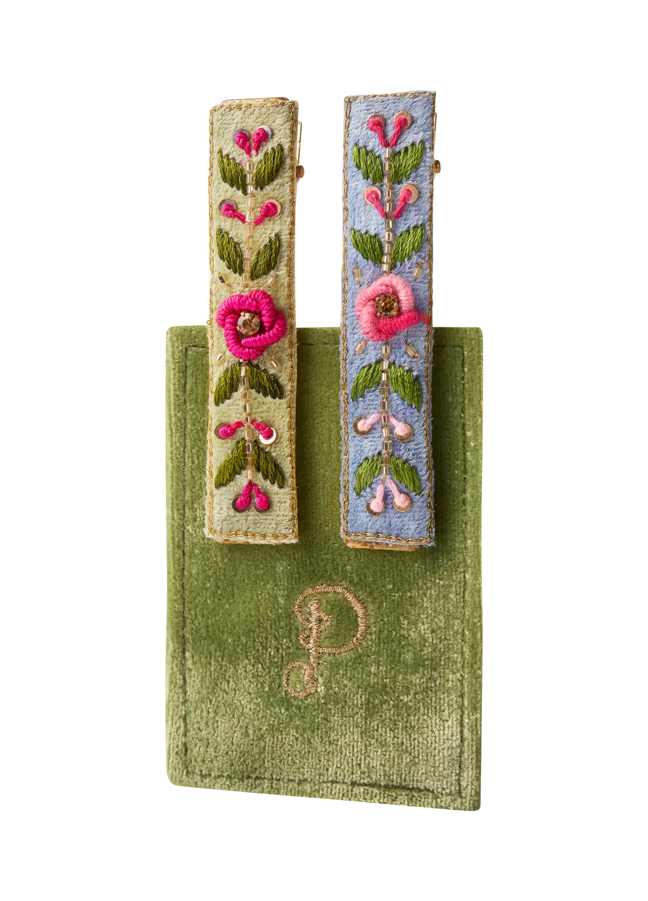 Powder Embroidered Floral Vine Hair Bar (Set of 2) Green/Blue