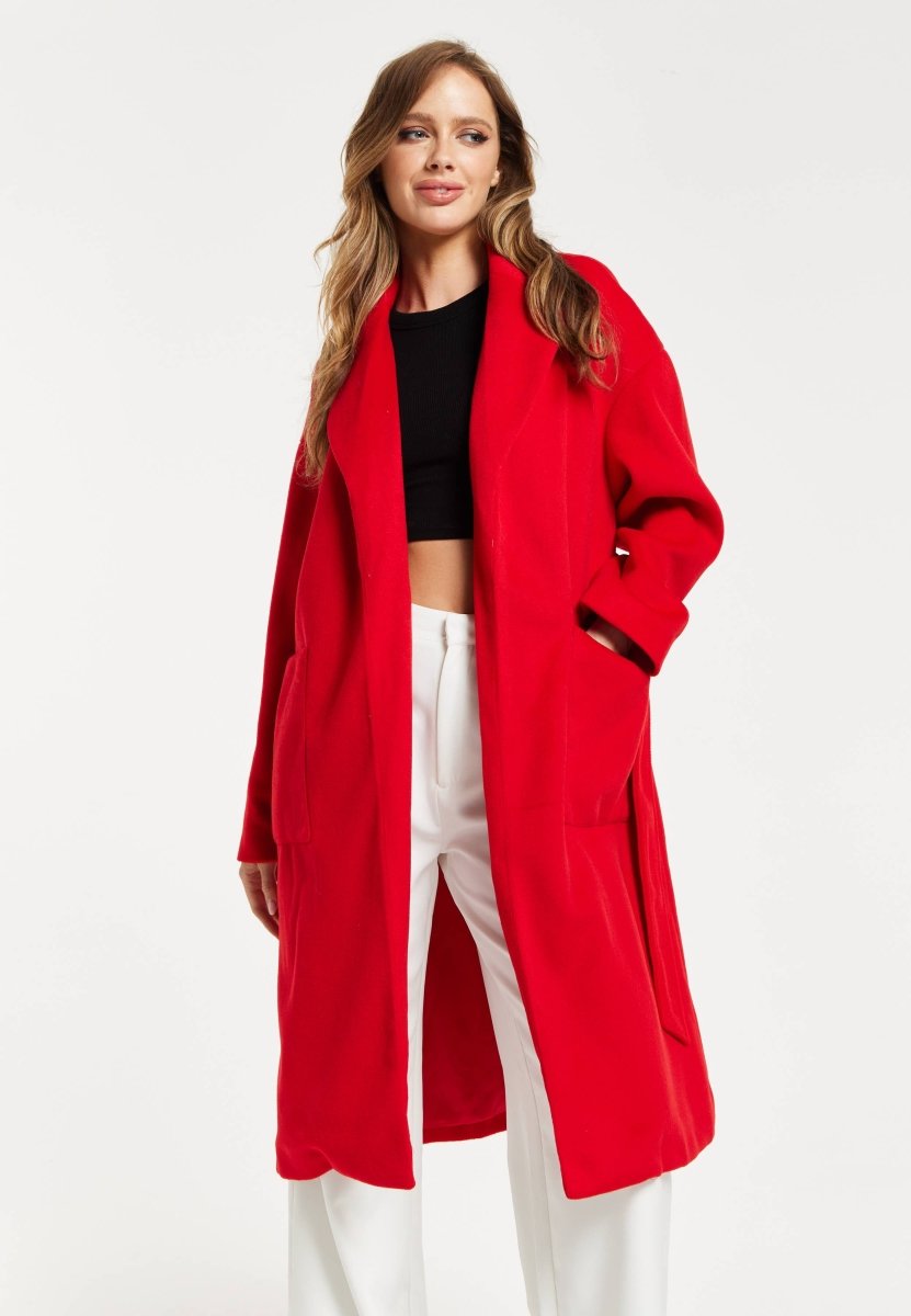 Liquorish Belted Longline Coat In Red - Daisy Mae Boutique