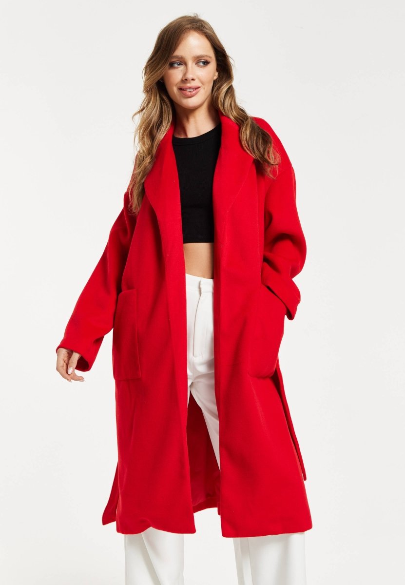 Liquorish Belted Longline Coat In Red - Daisy Mae Boutique