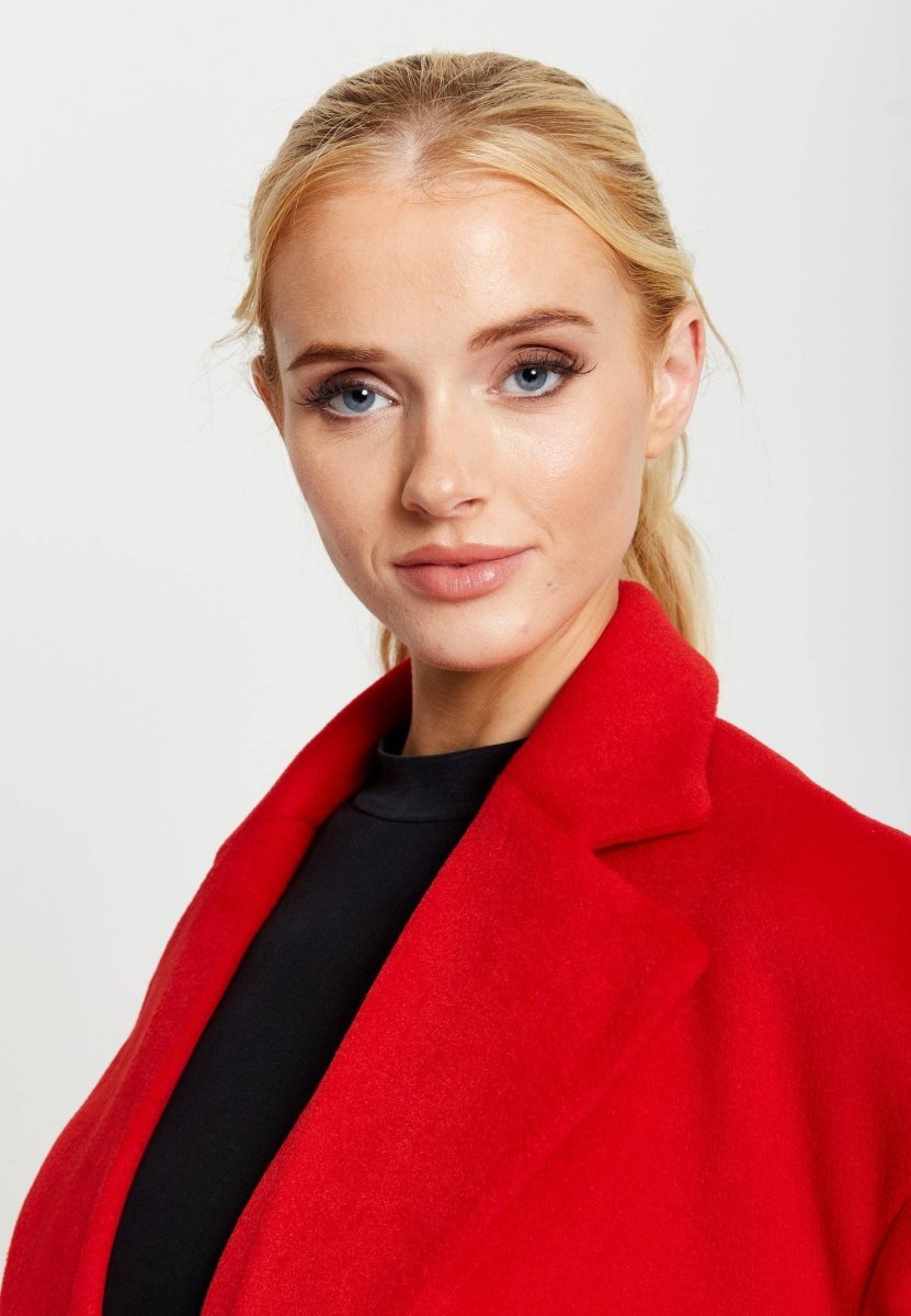 Liquorish Belted Longline Coat In Red - Daisy Mae Boutique