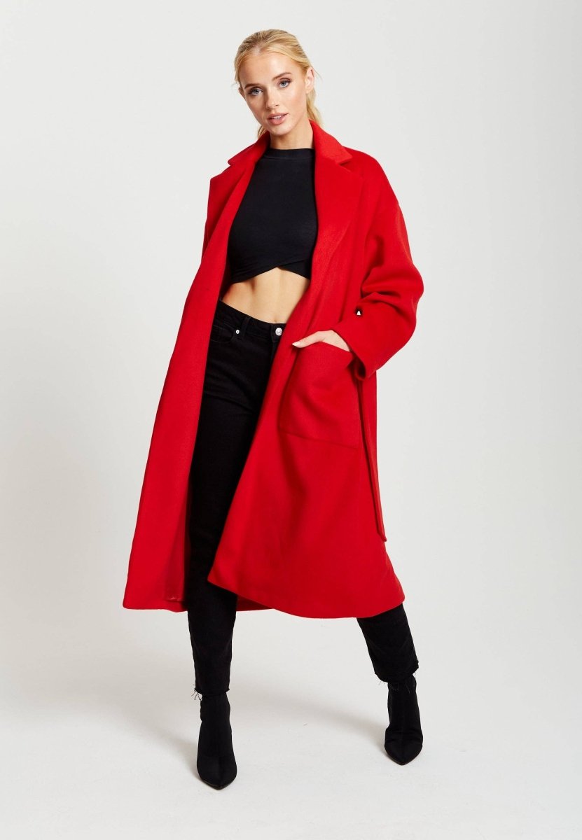 Liquorish Belted Longline Coat In Red - Daisy Mae Boutique