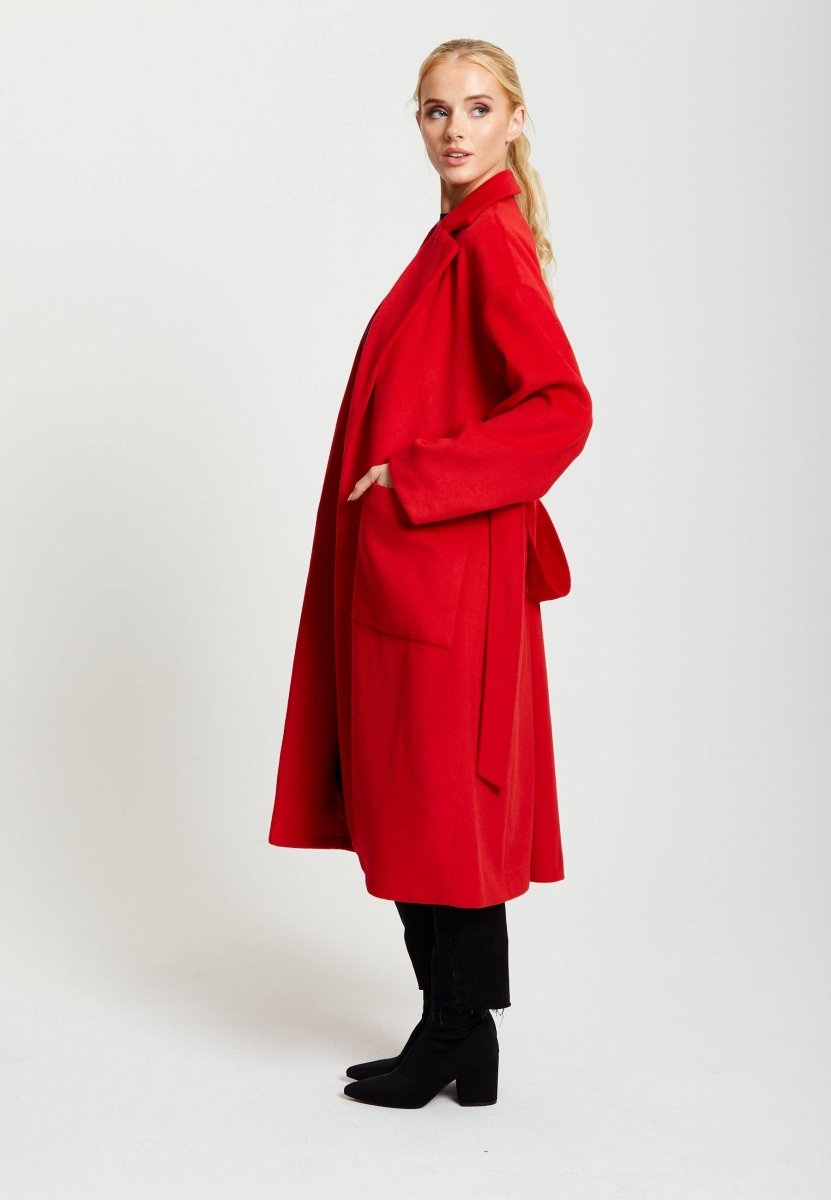 Liquorish Belted Longline Coat In Red - Daisy Mae Boutique