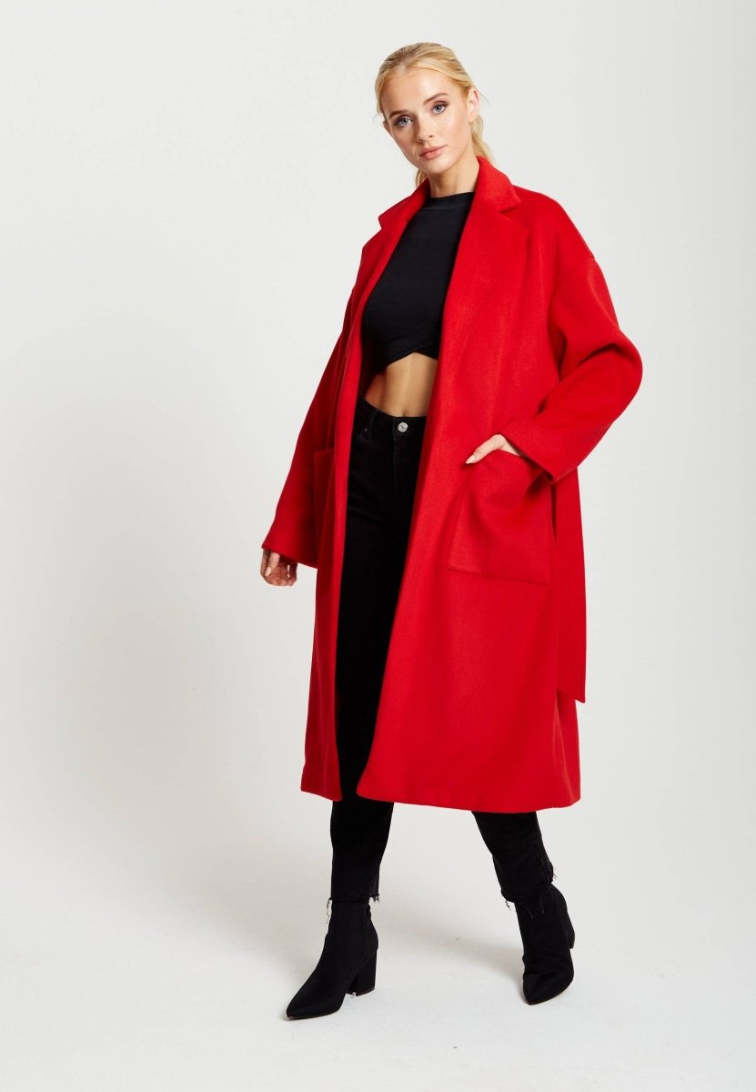 Liquorish Belted Longline Coat In Red - Daisy Mae Boutique