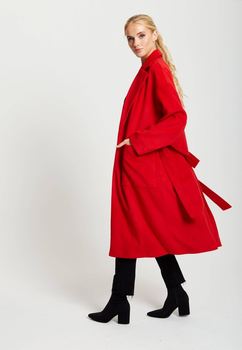 Liquorish Belted Longline Coat In Red - Daisy Mae Boutique