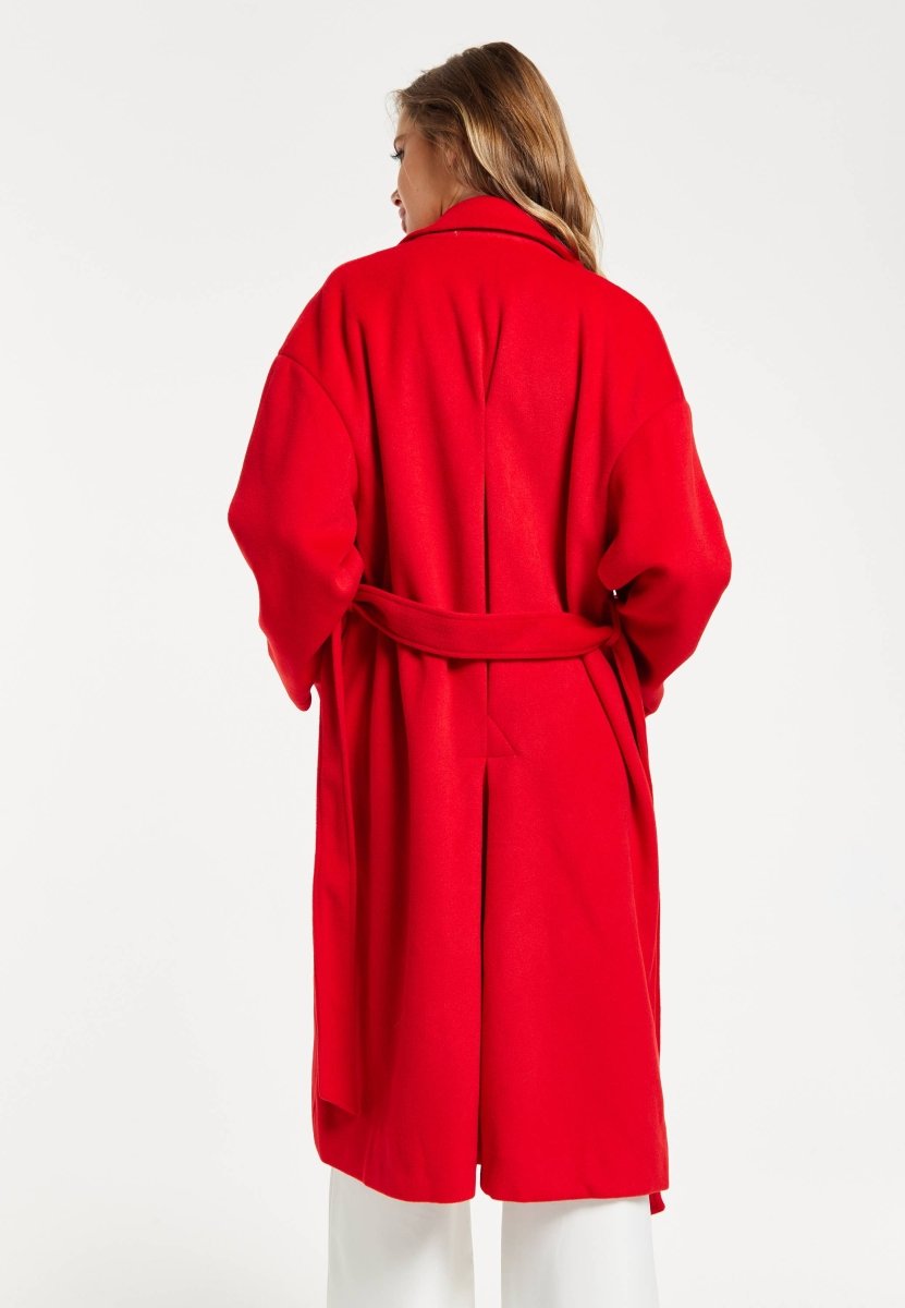 Liquorish Belted Longline Coat In Red - Daisy Mae Boutique