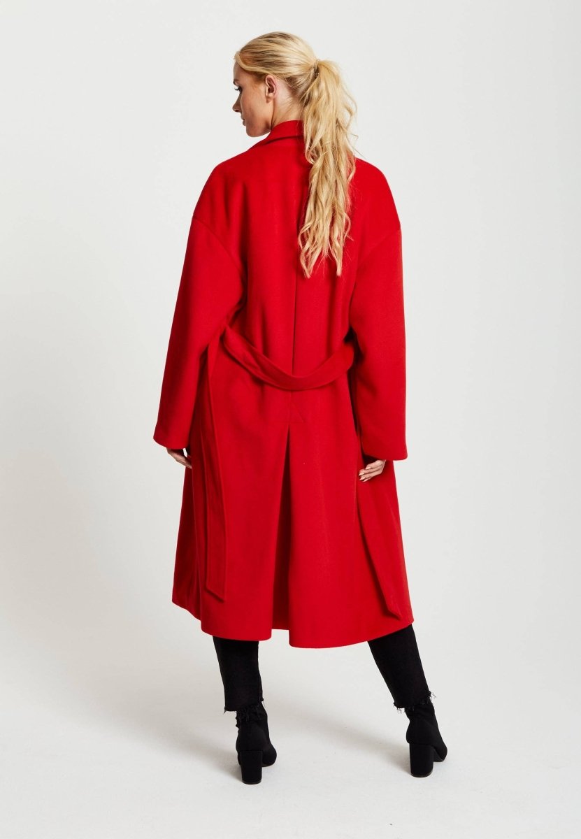 Liquorish Belted Longline Coat In Red - Daisy Mae Boutique
