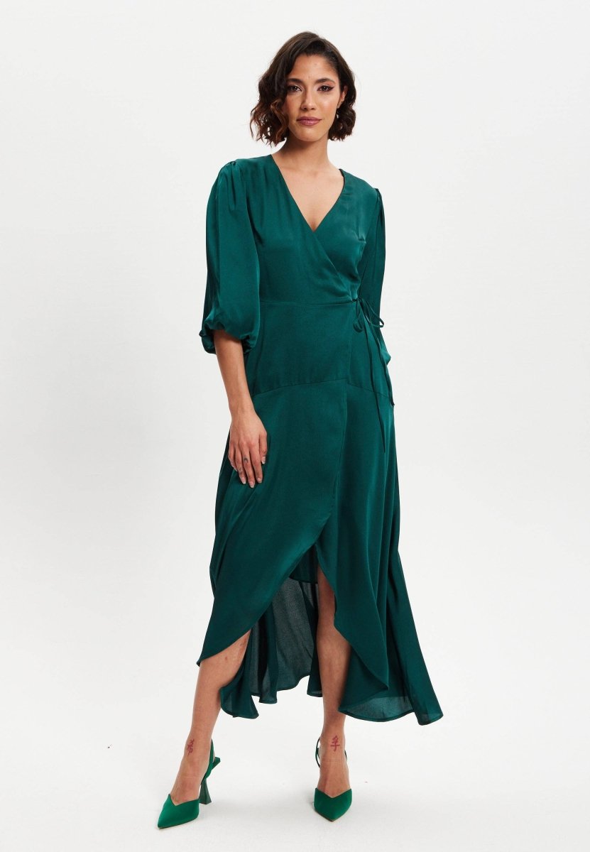 Liquorish Dark Green Midi Wrap Dress With Short Puff Sleeves - Daisy Mae Boutique